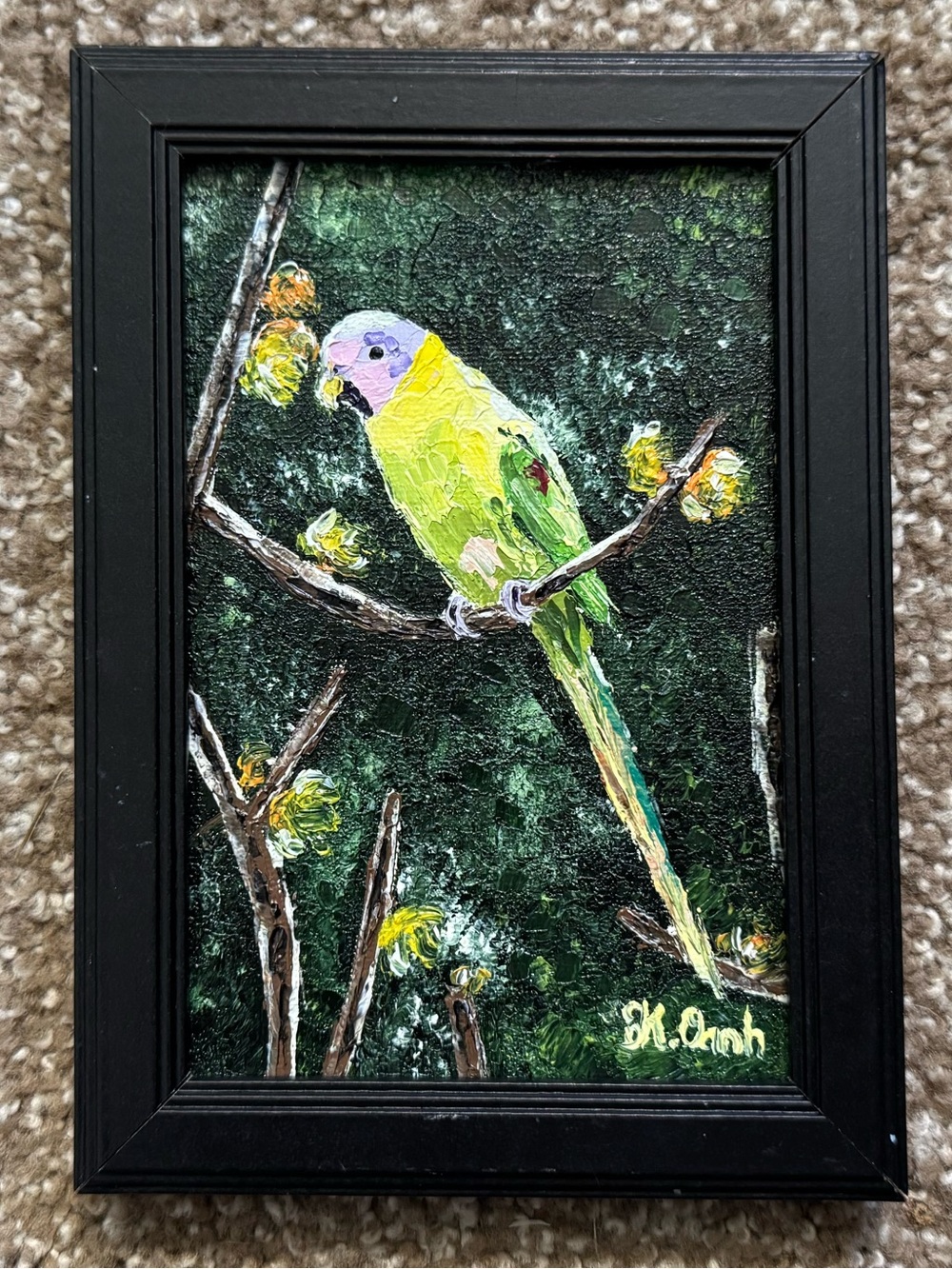 Original oil painting parrot bird signed framed 4x6 inches